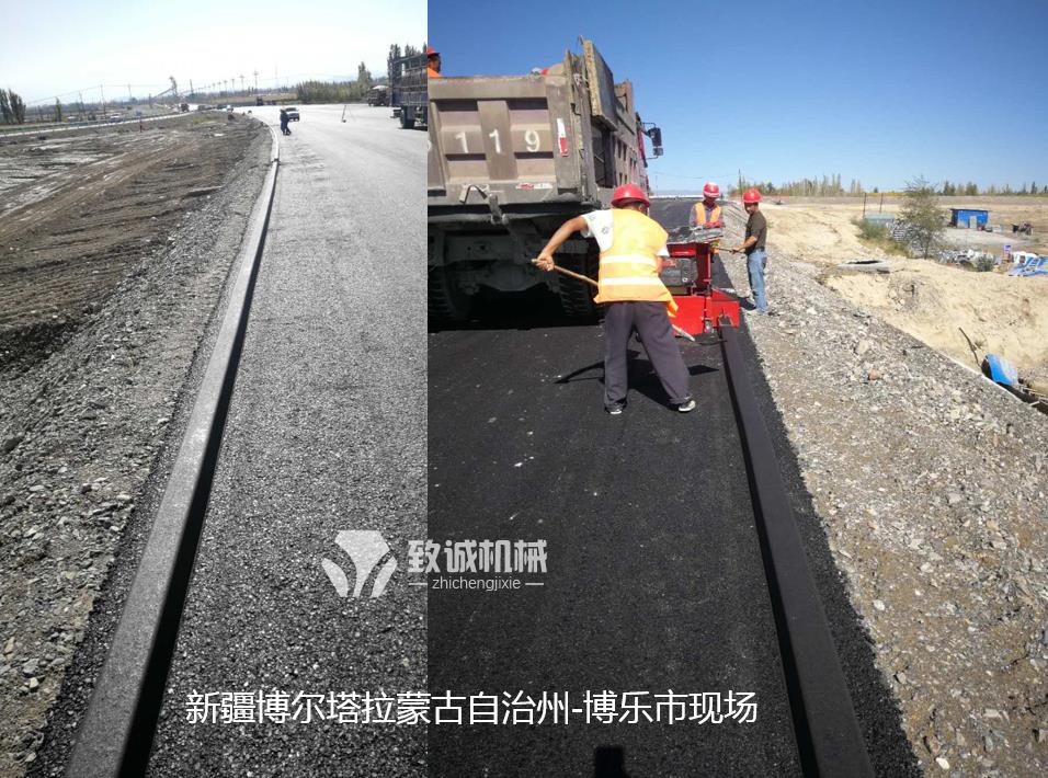 博樂小型瀝青砂攔水帶滑模機施工現(xiàn)場
